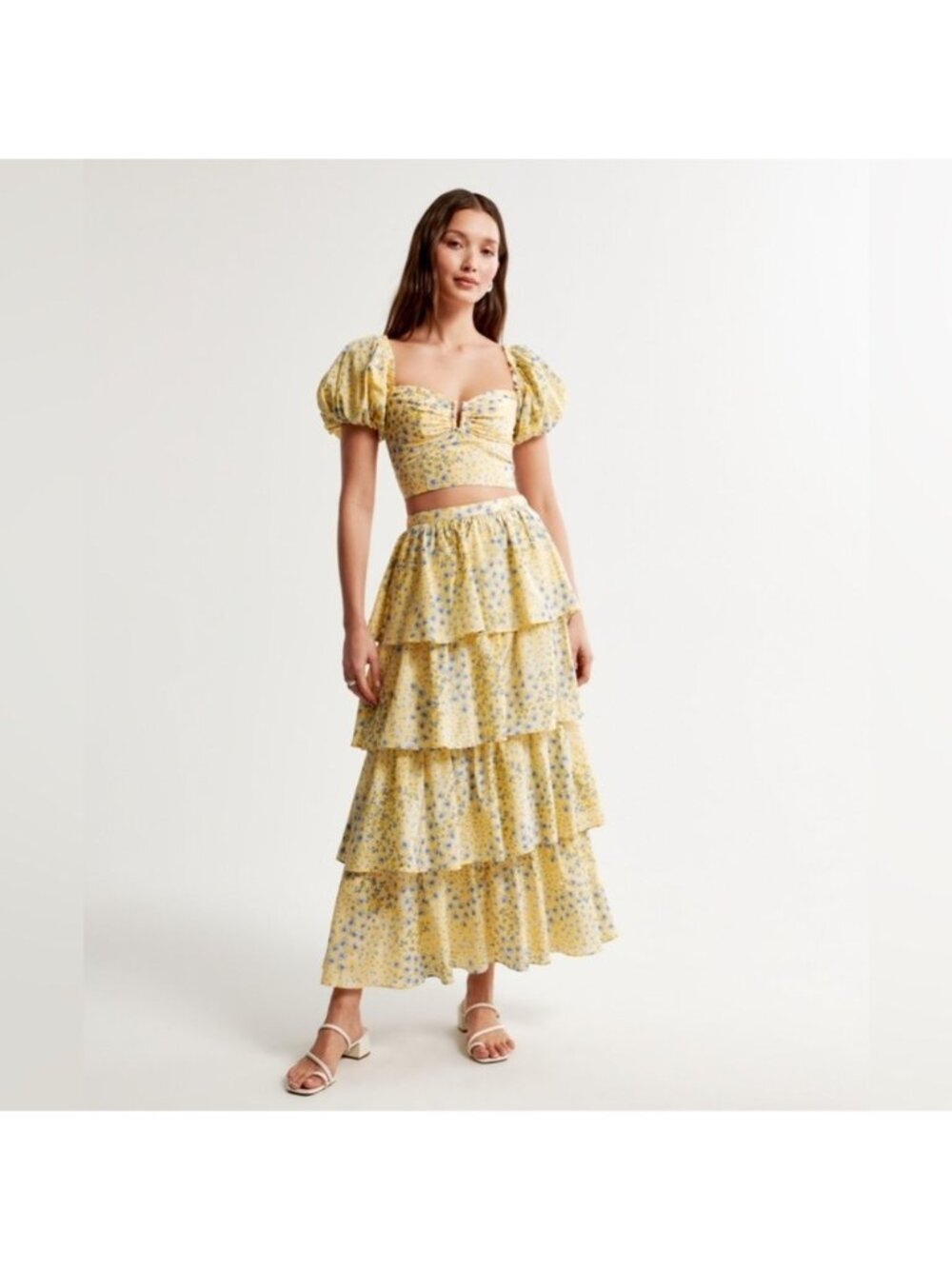 Abercrombie & Fitch Drama Tiered Maxi Skirt Yellow Floral S Coquette Feminine - Picture 3 of 10